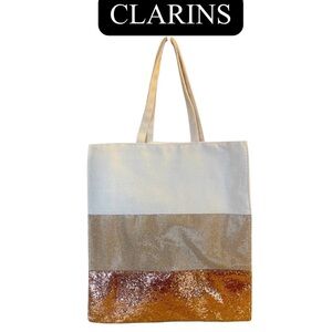 CLARINS Champagne Bronze Glitter Canvas Lined Tote Bag, NWOT